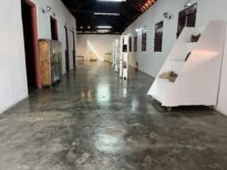 Corredor amplo de galeria de museu com vitrines, expositores móveis e paredes brancas, iluminação no teto de madeira aparente e janelas laterais com portas de madeira.