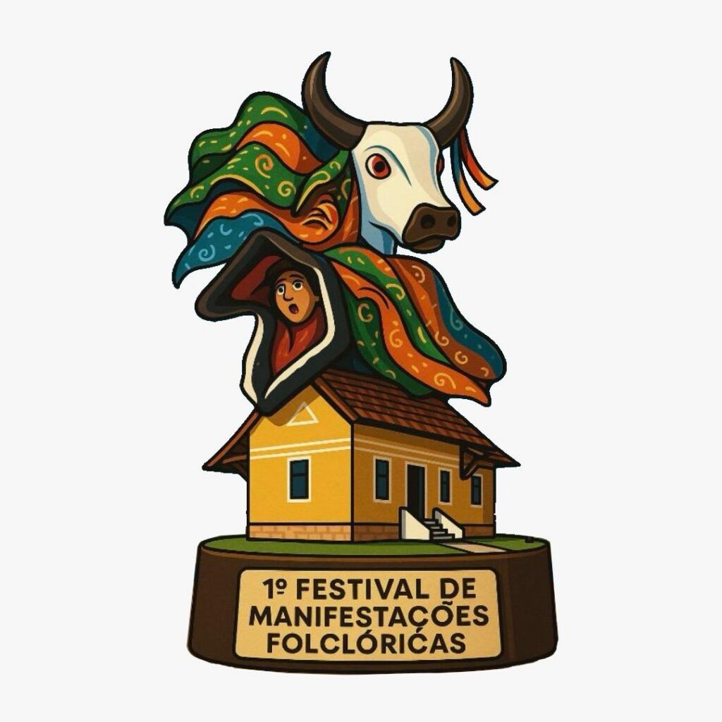 Imagem de um troféu contendo em sua base o nome do evento em letras maiúsculas "1º Festival de Manifestações Folclóricas". Acima da base há a fachada de um prédio histórico (uma antiga estação de trem) pintado de amarelo ocre, em alvenaria e telhado com telha em cerâmica. Acima do prédio, há duas figuras coloridas, personagens do boi de mamão: a bernúncia e acima dela o boi de mamão.