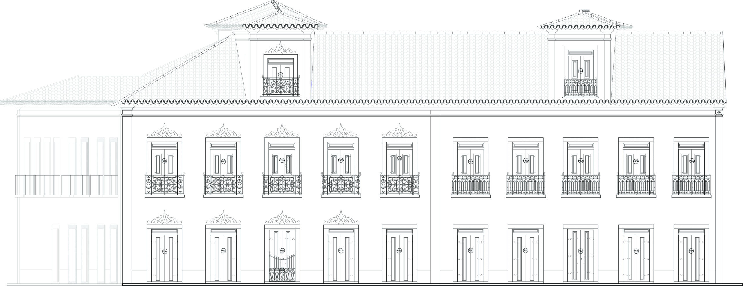 Desenho técnico da fachada do museu. A imagem mostra um edifício de dois pavimentos, com janelas e portas alinhadas verticalmente. No segundo andar, as janelas possuem sacadas com gradis ornamentais. Dois volumes com frontões triangulares se destacam na cobertura, formando um terceiro pavimento.
