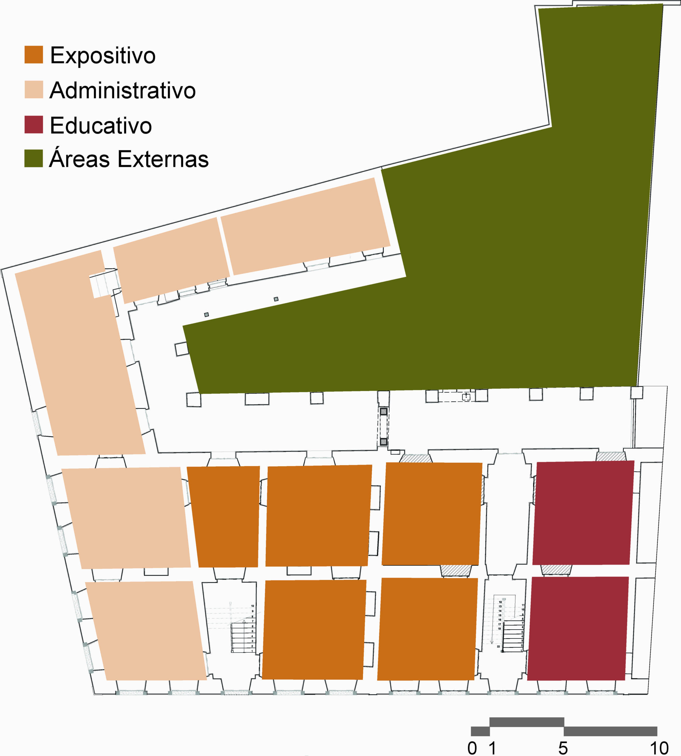 Desenho da planta baixa do pavimento térreo do conjunto arquitetônico do Museu. Os espaços estão divididos por cores de acordo com suas funções: salas expositivas (bege), administrativas (laranja), educativas (vermelho) e áreas externas (verde escuro). A organização segue um arranjo em torno de um pátio interno central. A legenda no rodapé indica a categorização dos ambientes e, no canto inferior direito, há uma escala gráfica.