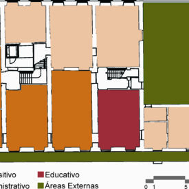 Desenho da planta baixa do pavimento térreo do edifício principal organizado em quatro setores: expositivo (bege), à esquerda; administrativo (laranja), no centro; educativo (vermelho), à direita; e áreas externas (verde), na lateral direita e na parte inferior. A legenda no rodapé indica a categorização dos ambientes e, no canto inferior direito, há uma escala gráfica.