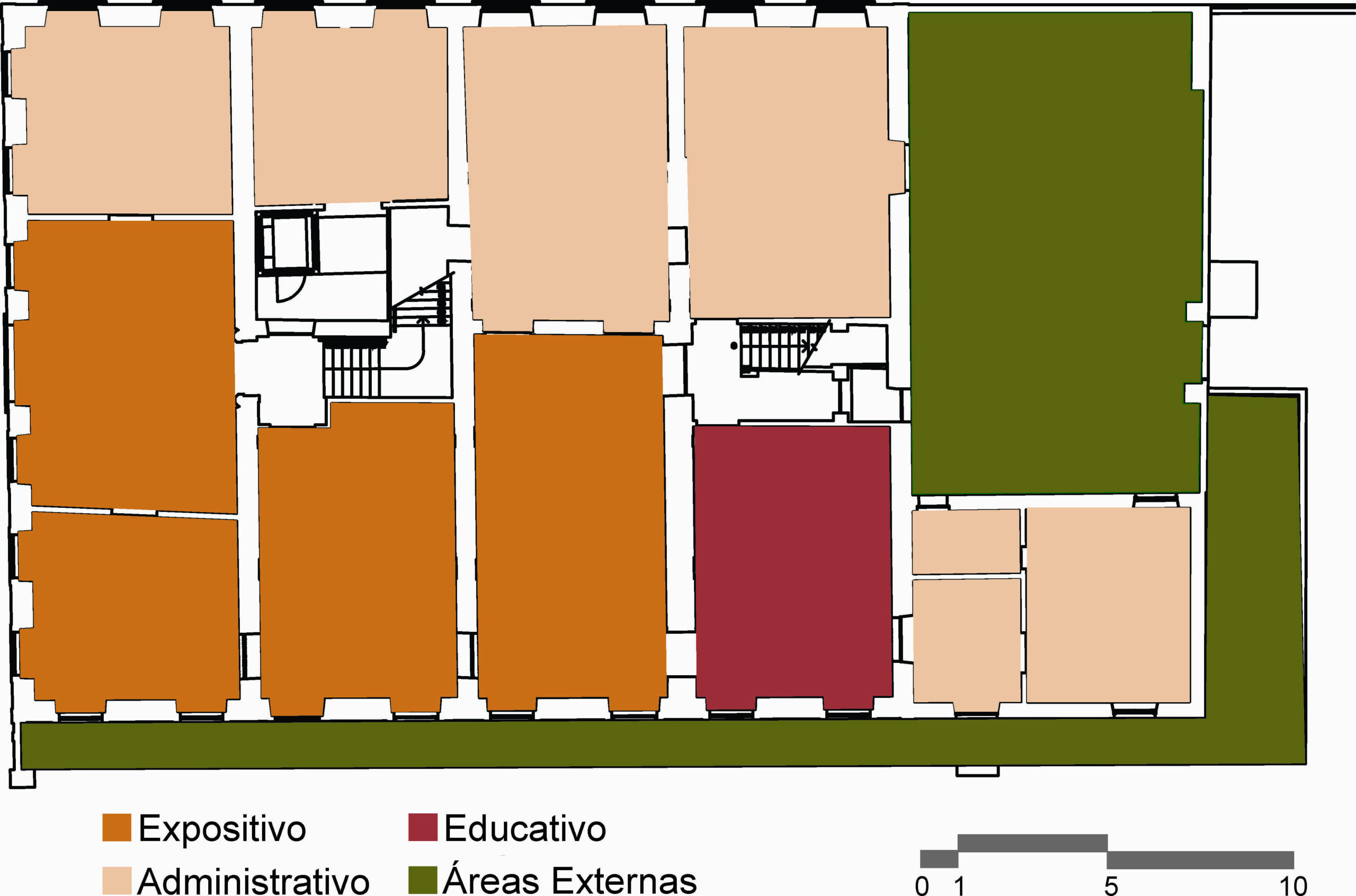 Desenho da planta baixa do pavimento térreo do edifício principal organizado em quatro setores: expositivo (bege), à esquerda; administrativo (laranja), no centro; educativo (vermelho), à direita; e áreas externas (verde), na lateral direita e na parte inferior. A legenda no rodapé indica a categorização dos ambientes e, no canto inferior direito, há uma escala gráfica.