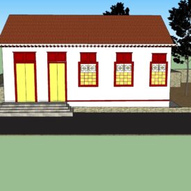 Maquete virtual da fachada do Museu. A construção tem um pavimento e telhado de duas águas com telhas marrons e fachada branca com detalhes vermelhos ao redor das portas e janelas. À esquerda, há duas portas amarelas; à direita, três janelas. Em frente à casa, há uma calçada elevada com degraus que levam às portas.