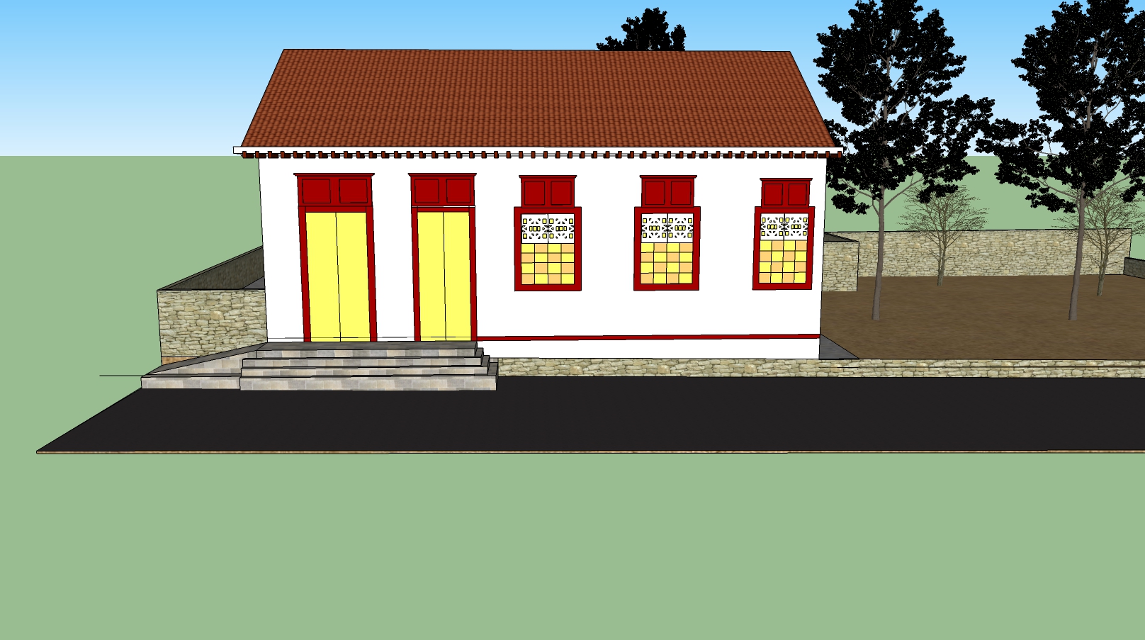 Maquete virtual da fachada do Museu. A construção tem um pavimento e telhado de duas águas com telhas marrons e fachada branca com detalhes vermelhos ao redor das portas e janelas. À esquerda, há duas portas amarelas; à direita, três janelas. Em frente à casa, há uma calçada elevada com degraus que levam às portas.