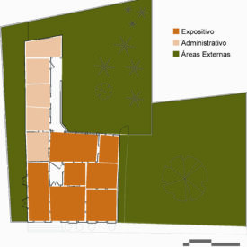Desenho da planta baixa do pavimento térreo do museu, dividido em três áreas distintas, cada uma destacada por uma cor: área Expositiva em laranja, área Administrativa em bege e Áreas Externas em verde. As legendas no canto superior direito indicam a categorização dos ambientes e, no canto inferior direito, há uma escala gráfica.