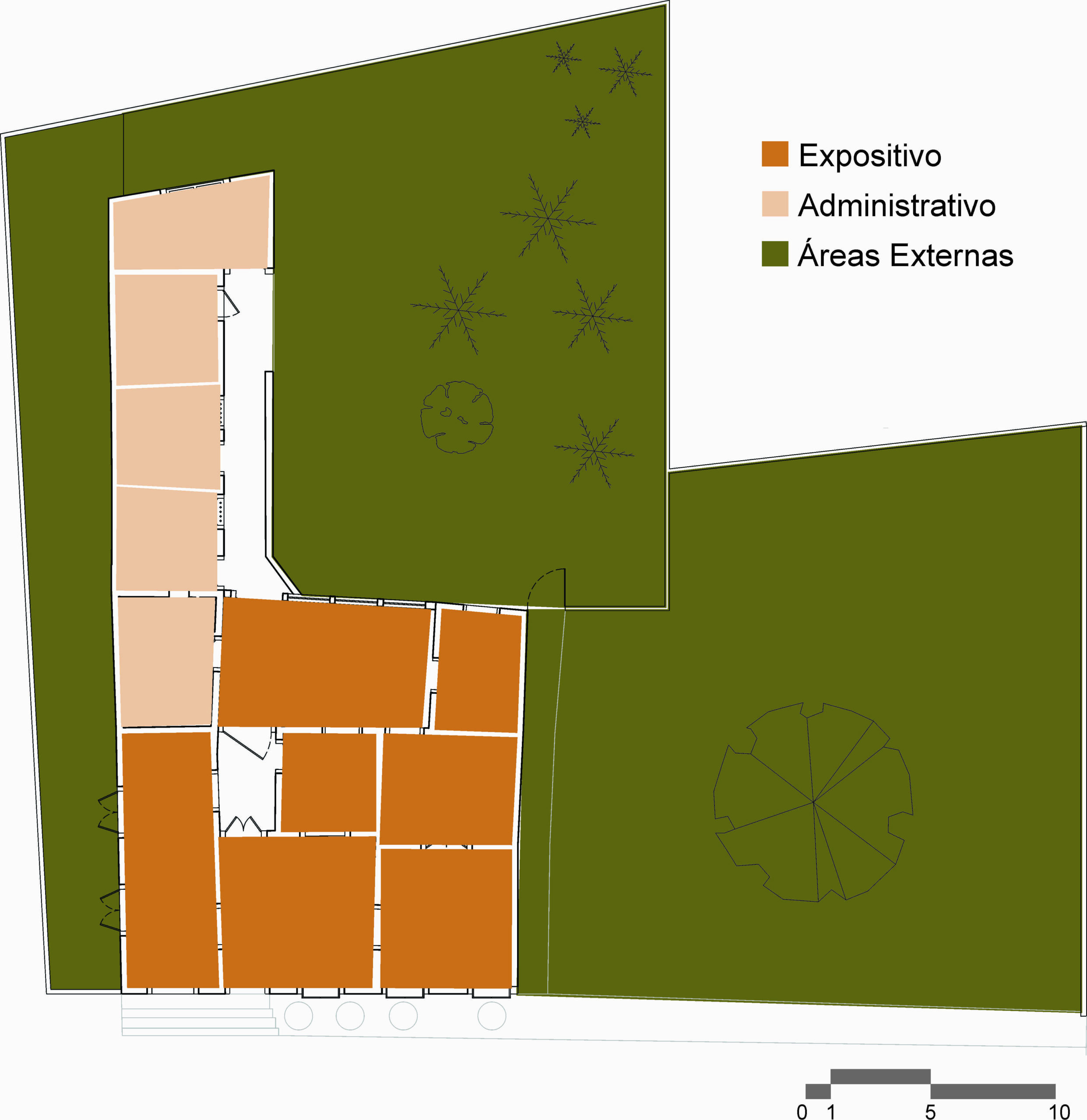 Desenho da planta baixa do pavimento térreo do museu, dividido em três áreas distintas, cada uma destacada por uma cor: área Expositiva em laranja, área Administrativa em bege e Áreas Externas em verde. As legendas no canto superior direito indicam a categorização dos ambientes e, no canto inferior direito, há uma escala gráfica.