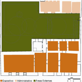 Desenho da planta baixa do pavimento térreo de um conjunto arquitetônico, dividida em três categorias de uso: áreas expositivas (em laranja), áreas administrativas (em bege) e áreas externas (em verde). A maior parte da planta é ocupada pela área externa, localizada à esquerda e ao centro. As áreas expositivas estão concentradas na parte inferior do desenho. As áreas administrativas estão distribuídas na parte superior e à direita do conjunto. A legenda no rodapé indica a categorização dos ambientes e, no canto inferior direito, há uma escala gráfica.