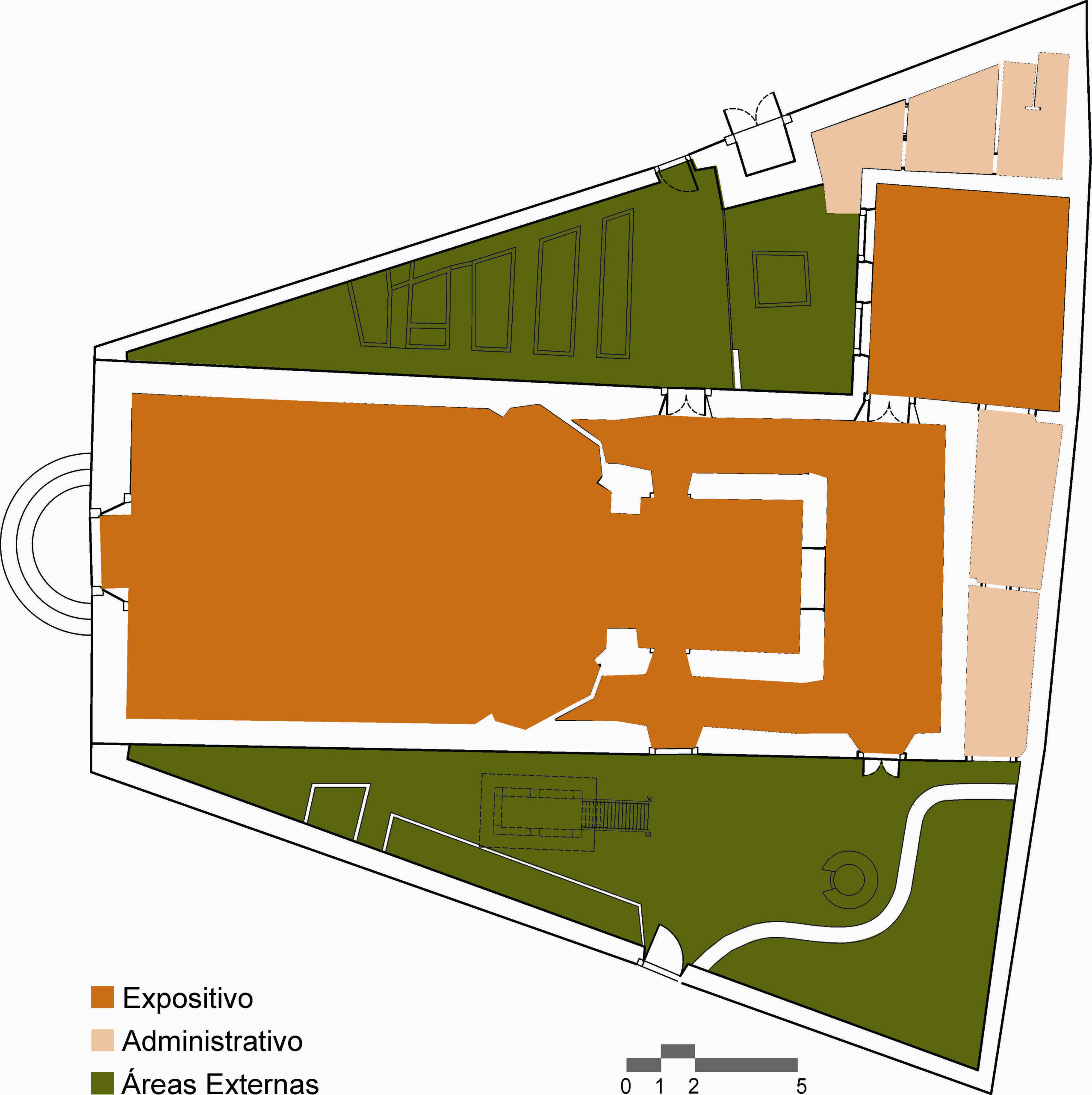 Desenho da planta baixa do pavimento térreo. As áreas estão divididas por cores: laranja (expositivo), bege (administrativo) e verde (áreas externas). Um grande volume central em marrom ocupa a maior parte do conjunto. Há caminhos curvos nas áreas verdes externas e pequenos volumes em bege nas extremidades. A legenda no rodapé indica a categorização dos ambientes e, no canto inferior direito, há uma escala gráfica.