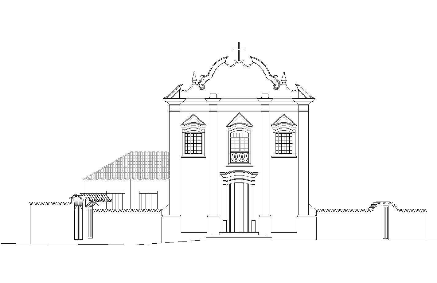Desenho técnico da fachada do Museu em preto e branco. O desenho mostra a porta, janelas e ornamentos representados de forma detalhada. Em volta do edifício há uma representação dos muros.