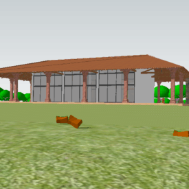 Maquete virtual da fachada do museu, evidenciando o Pavilhão Lúcio Costa. O edifício tem um telhado de quatro águas apoiado por colunas em pedra. À direita, está localizada a Casa do Zelador, um volume retangular com paredes revestidas em pedra. Ao fundo, é possível observar árvores e, no gramado em frente ao museu, algumas pedras.