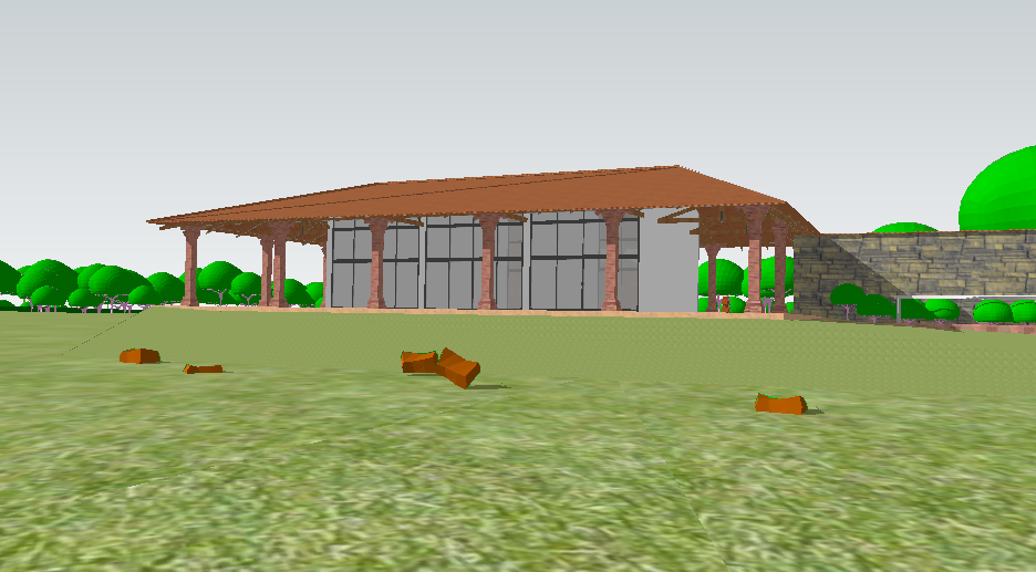 Maquete virtual da fachada do museu, evidenciando o Pavilhão Lúcio Costa. O edifício tem um telhado de quatro águas apoiado por colunas em pedra. À direita, está localizada a Casa do Zelador, um volume retangular com paredes revestidas em pedra. Ao fundo, é possível observar árvores e, no gramado em frente ao museu, algumas pedras.