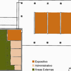 Desenho da planta baixa do pavimento térreo, dividida em três áreas distintas por cores: setor expositivo, destacado em laranja, setor administrativo, preenchido em bege, e área externa, na cor verde. No canto inferior direito, há uma legenda indicando a categorização dos ambientes e, abaixo, uma escala gráfica.