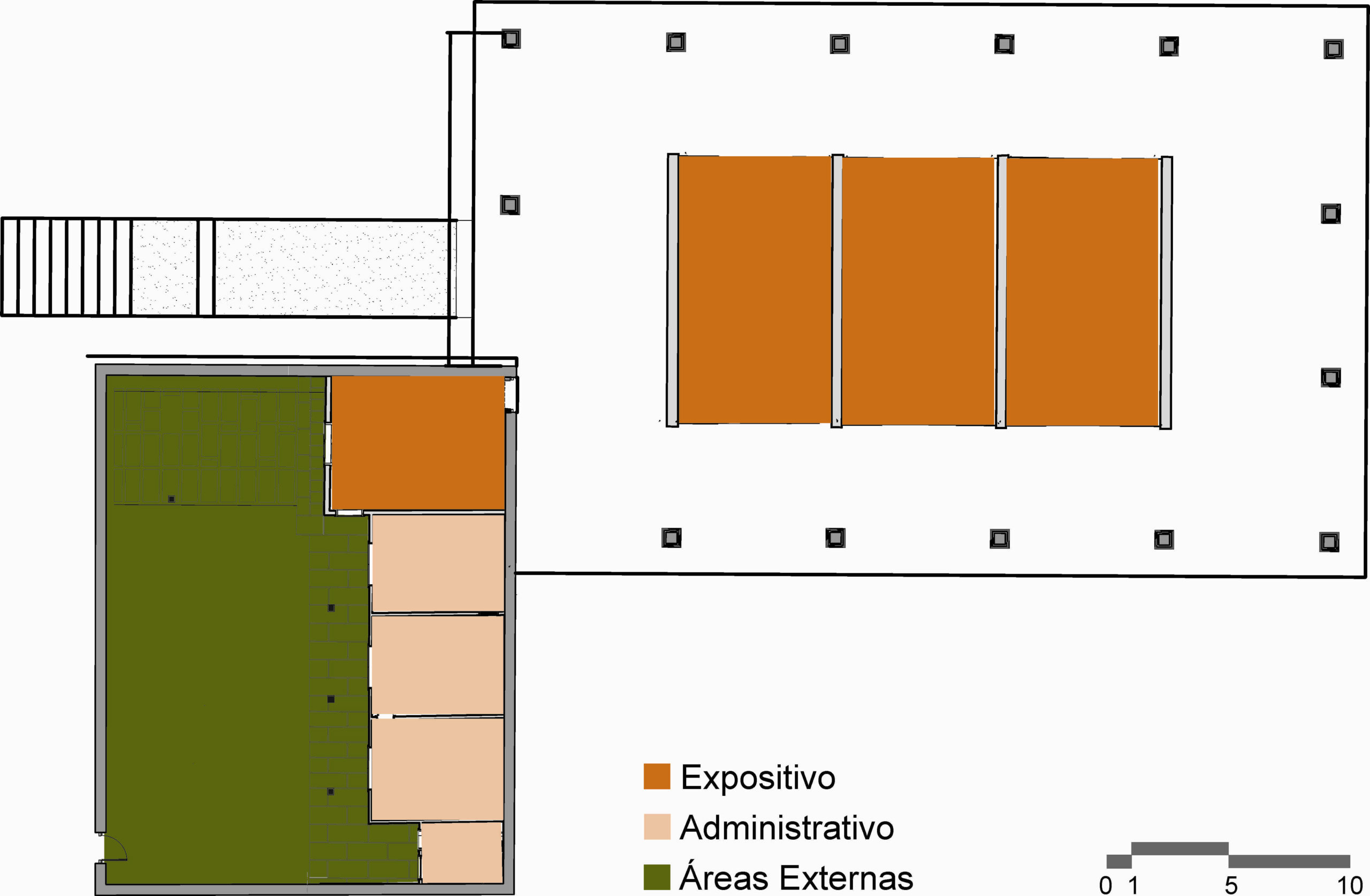 Desenho da planta baixa do pavimento térreo, dividida em três áreas distintas por cores: setor expositivo, destacado em laranja, setor administrativo, preenchido em bege, e área externa, na cor verde. No canto inferior direito, há uma legenda indicando a categorização dos ambientes e, abaixo, uma escala gráfica.