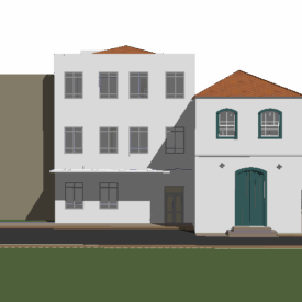 Maquete virtual da fachada do Museu Victor Meirelles. A construção é composta por dois edifícios. O edifício à esquerda é maior, com três andares e janelas simétricas distribuídas em cada nível. Seu telhado possui fechamento em platibanda, que oculta telhado em quatro águas. À direita, há um edifício menor, com dois andares, em estilo colonial. No térreo, destaca-se uma grande porta verde com verga em arco abatido e, no pavimento superior, duas janelas alinhadas. Esse edifício possui cobertura em telhas cerâmicas.