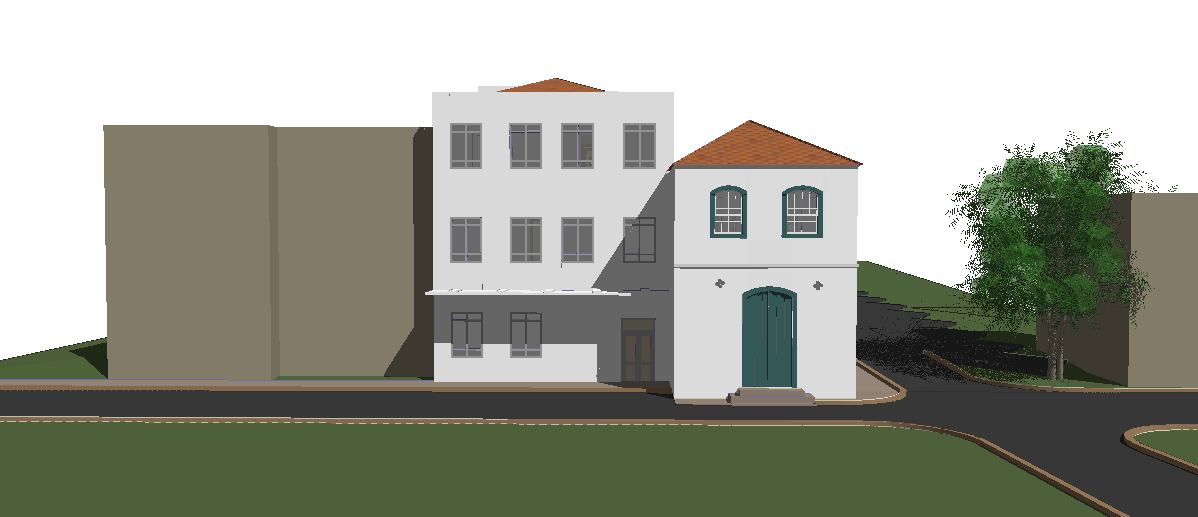 Maquete virtual da fachada do Museu Victor Meirelles. A construção é composta por dois edifícios. O edifício à esquerda é maior, com três andares e janelas simétricas distribuídas em cada nível. Seu telhado possui fechamento em platibanda, que oculta telhado em quatro águas. À direita, há um edifício menor, com dois andares, em estilo colonial. No térreo, destaca-se uma grande porta verde com verga em arco abatido e, no pavimento superior, duas janelas alinhadas. Esse edifício possui cobertura em telhas cerâmicas.