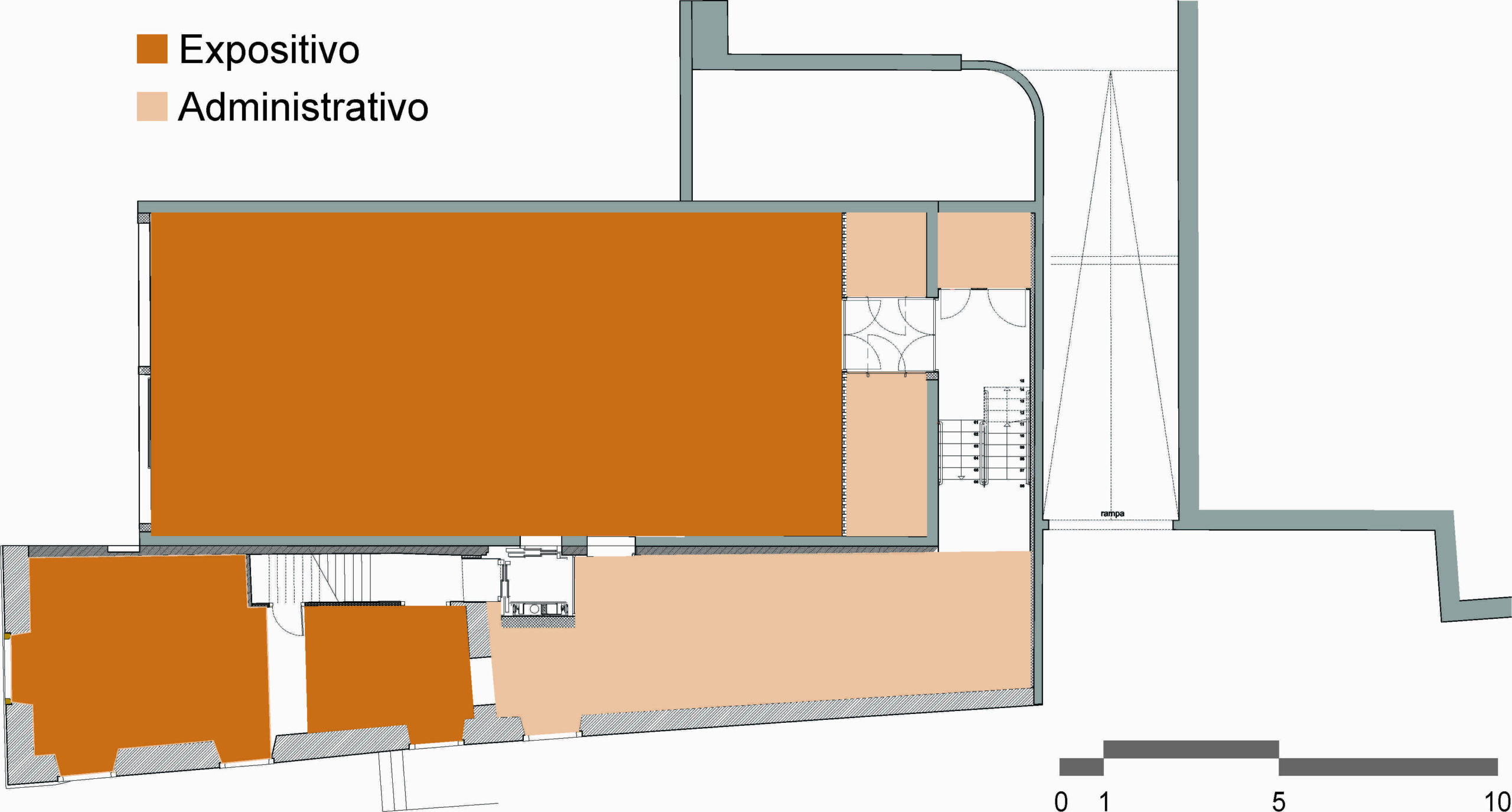 Desenho da planta baixa do pavimento térreo do conjunto arquitetônico, dividida em duas áreas principais: uma área expositiva destacada em laranja e uma área administrativa em bege. Abaixo da imagem, há uma legenda indicando a categorização dos ambientes e uma escala gráfica.