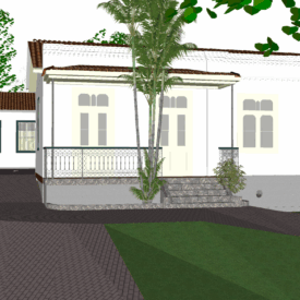 Maquete virtual da casa principal do Museu com jardim e árvores ao redor. Apresenta uma vista geral da casa histórica, pintada na cor branca, térrea, com telhado de telhas cerâmicas e esquadrias em madeira. Ela está situada em um terreno com um gramado verde e vários tipos de árvores.