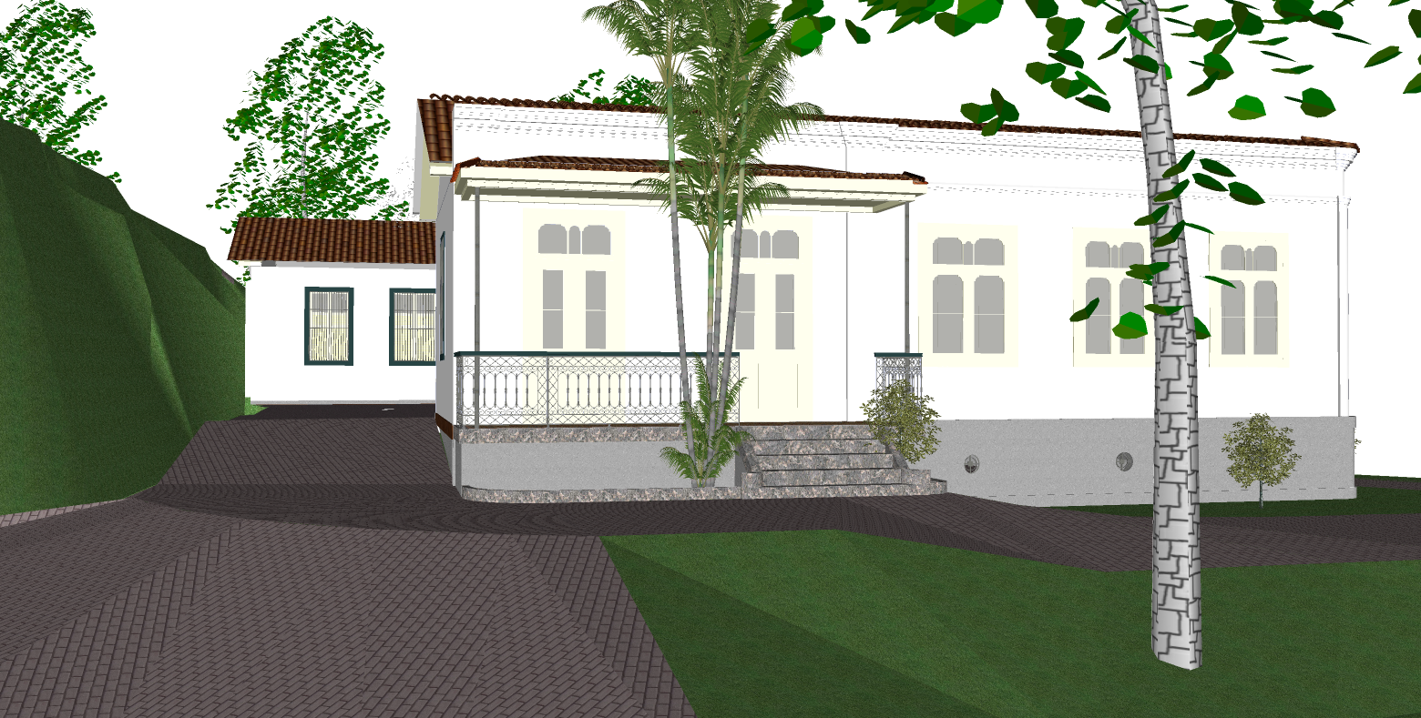 Maquete virtual da casa principal do Museu com jardim e árvores ao redor. Apresenta uma vista geral da casa histórica, pintada na cor branca, térrea, com telhado de telhas cerâmicas e esquadrias em madeira. Ela está situada em um terreno com um gramado verde e vários tipos de árvores.