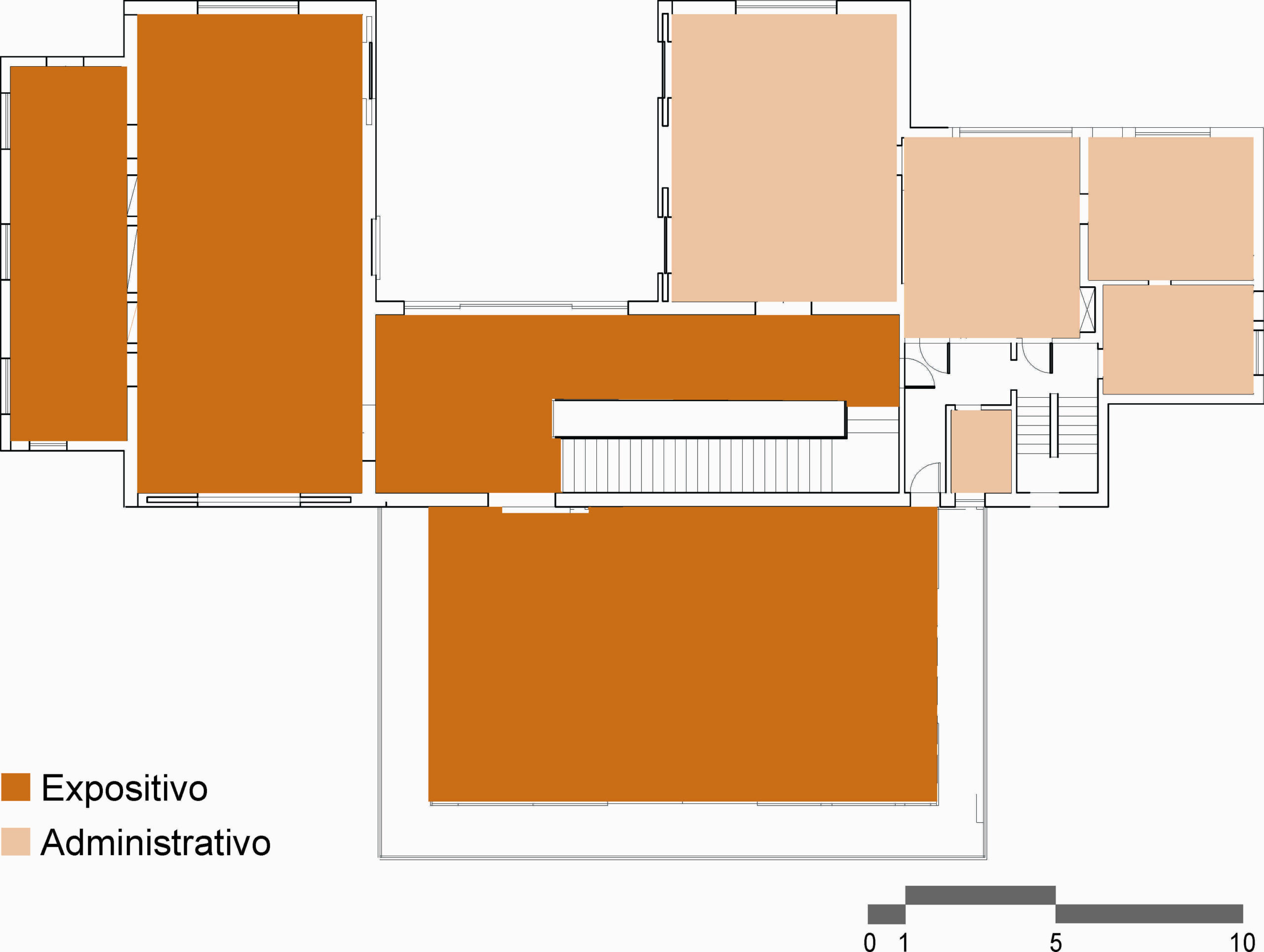 Desenho da planta baixa do segundo pavimento, organizada em duas zonas funcionais distintas: área expositiva, destacada na cor laranja, seção que ocupa uma parte significativa da planta, e área administrativa, representada na cor bege. Na lateral esquerda, há uma legenda e, no canto inferior direito, uma escala gráfica.