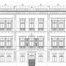 Desenho técnico da fachada do edifício em preto e branco, mostrando a simetria e os detalhes arquitetônicos da estrutura. O edifício de três pavimentos é demarcado por uma grande porta, que é a entrada principal, ao centro da fachada. As esquadrias do térreo são em arco pleno, enquanto as esquadrias do primeiro e segundo pavimento possuem linhas retas em seus detalhes. A platibanda que faz o acabamento da fachada possui a presença de estátuas de formato de águias, finalizando a monumentalidade do edifício.