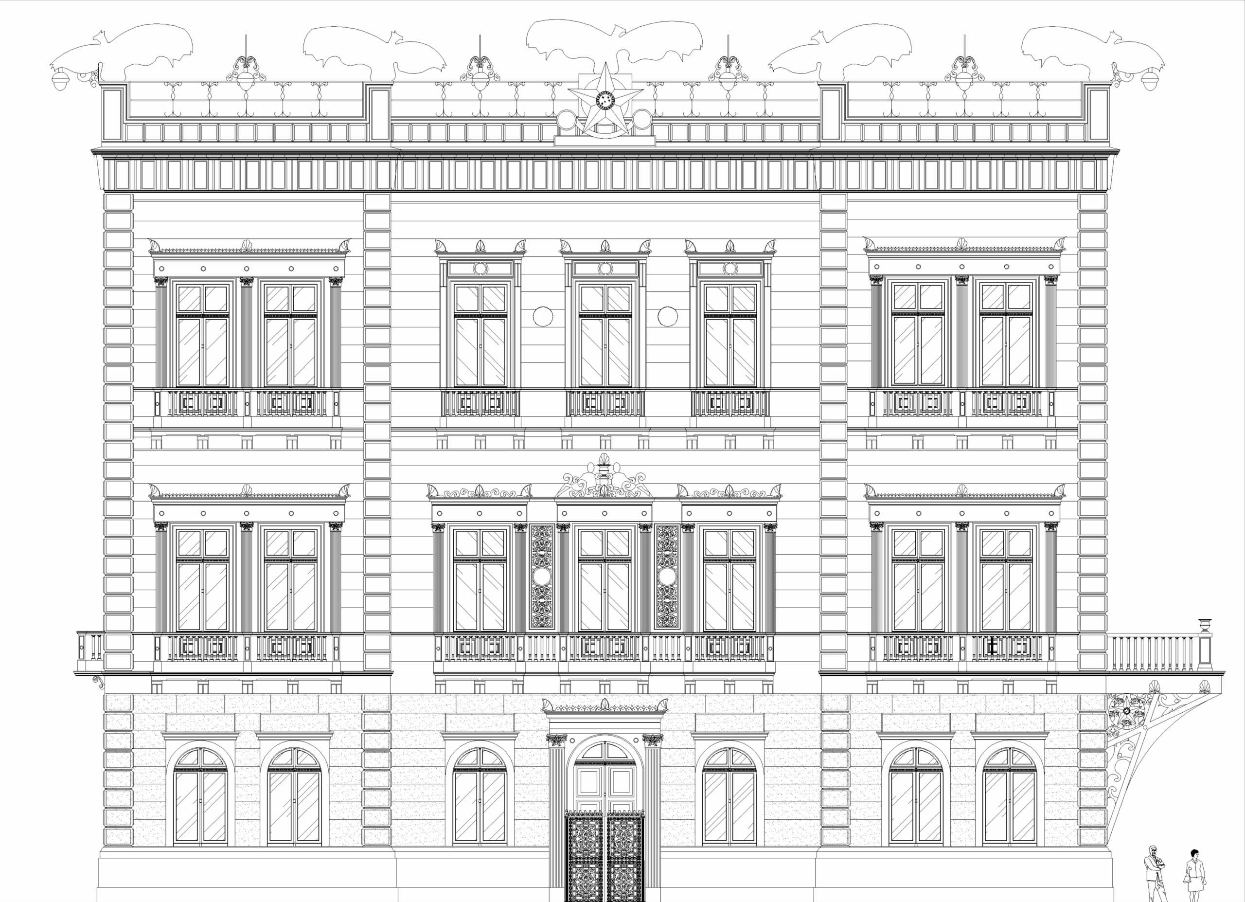 Desenho técnico da fachada do edifício em preto e branco, mostrando a simetria e os detalhes arquitetônicos da estrutura. O edifício de três pavimentos é demarcado por uma grande porta, que é a entrada principal, ao centro da fachada. As esquadrias do térreo são em arco pleno, enquanto as esquadrias do primeiro e segundo pavimento possuem linhas retas em seus detalhes. A platibanda que faz o acabamento da fachada possui a presença de estátuas de formato de águias, finalizando a monumentalidade do edifício.