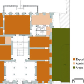 Desenho da planta baixa do andar térreo do Museu, com diferentes áreas destacadas por cores e categorizadas da seguinte forma: cor laranja, uso expositivo; cor bege, uso administrativo; e cor verde, indicando as áreas externas. Na lateral direita, há uma legenda e, abaixo dela, uma escala gráfica.
