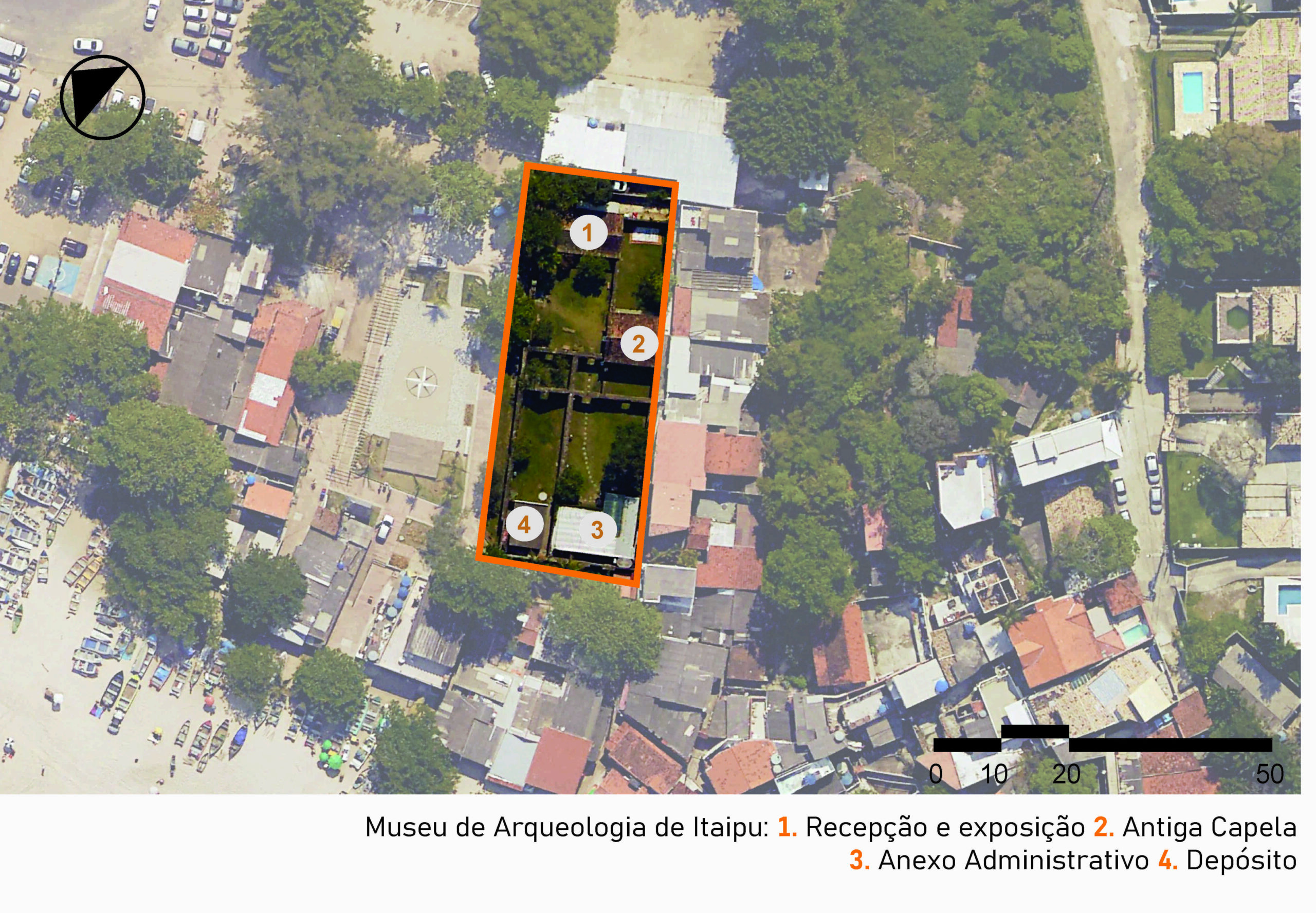 Vista de satélite da área do museu e seu entorno, mostrando a malha urbana da área que circunda o museu. No centro da imagem, um retângulo laranja destaca o conjunto do Museu, mostrando a existência de ruínas e edifícios intercalados por extenso gramado. Abaixo da imagem, há uma legenda identificando os elementos como parte do Museu: 1, Recepção e exposição; número 2, a antiga capela; 3, o anexo administrativo; e 4, depósito. A imagem inclui a legenda com a identificação das edificações, no canto inferior direito a escala gráfica e, na parte superior esquerda, uma seta indicando o ponto cardeal norte.