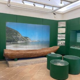 Fotografia de espaço expositivo, com paredes pintadas de verde, teto claro e piso em cerâmica clara. No centro da sala existem três vitrines redondas, baixas, contendo objetos em destaque. Na parede do fundo, um quadro com paisagem de uma praia e uma canoa de madeira exposta sobre um suporte. À direita da sala, há nichos expositores com artefatos e textos explicativos.
