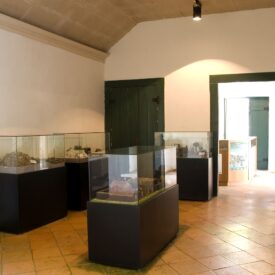 Sala expositiva, retangular, com paredes, teto e piso claros. O forro do teto é arqueado e a sala possui diversas vitrines com objetos expostos. As vitrines possuem fechamento em vidro, apoiadas sobre suportes pretos. Em segundo plano, nota-se um vão que leva a outro ambiente que dá continuidade à exposição.