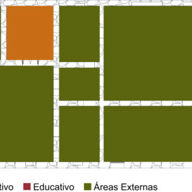 Desenho da planta baixa com diferentes áreas coloridas, cada uma representando uma função distinta dentro de um espaço. Os elementos principais são: laranja, para uso expositivo aplicado a duas salas; bege, para 6 salas que têm uso administrativo; uma sala com preenchimento vermelho para área educativa; e verde, que representa as áreas externas. Abaixo da imagem, há uma legenda e, no canto inferior direito, uma escala gráfica.