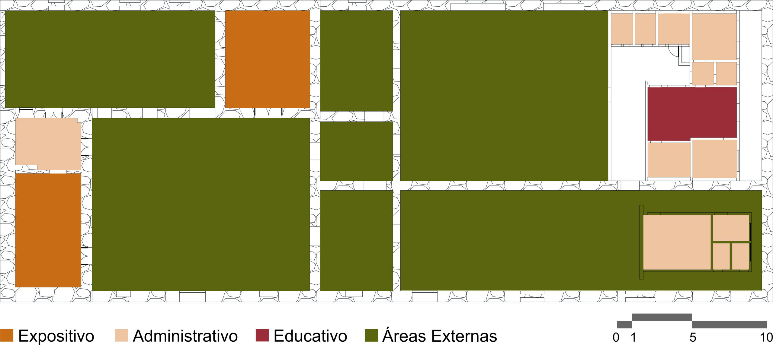 Desenho da planta baixa com diferentes áreas coloridas, cada uma representando uma função distinta dentro de um espaço. Os elementos principais são: laranja, para uso expositivo aplicado a duas salas; bege, para 6 salas que têm uso administrativo; uma sala com preenchimento vermelho para área educativa; e verde, que representa as áreas externas. Abaixo da imagem, há uma legenda e, no canto inferior direito, uma escala gráfica.
