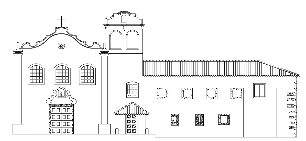 Desenho técnico da fachada do conjunto arquitetônico. À esquerda, destaca-se a Igreja, composta por estrutura com três janelas arqueadas no andar superior e uma grande porta ornamentada no térreo, encimada por um frontão decorativo e uma cruz no topo. Ao lado direito, ergue-se uma torre com duas aberturas sineiras em arco. À direita da torre, há um anexo mais baixo com fachada simples, composta por várias janelas retangulares.