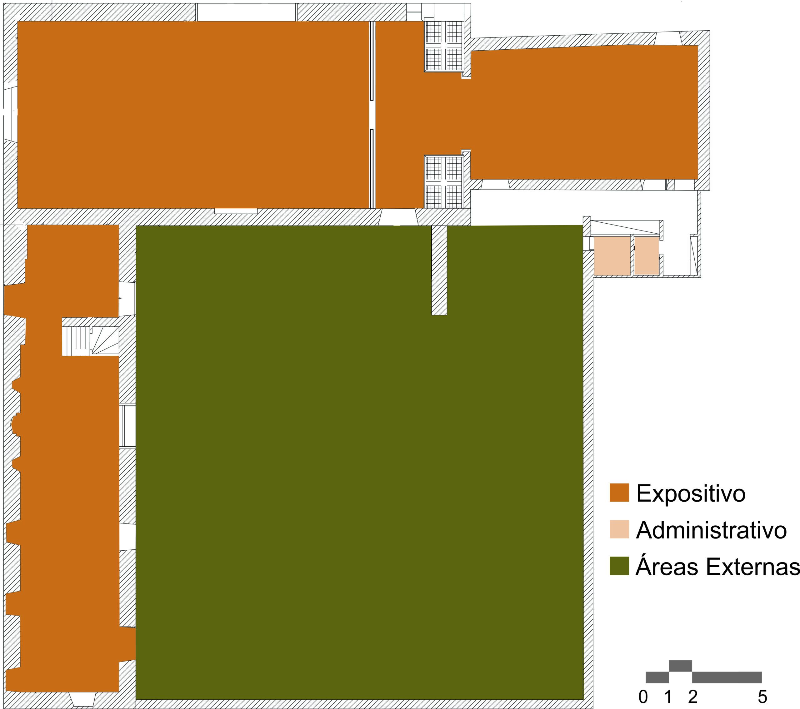 Desenho da planta baixa do andar térreo, com diferentes áreas destacadas por cores e categorizadas da seguinte forma: cor laranja, uso expositivo; cor bege, uso administrativo; e cor verde, representando as áreas externas. Na lateral direita observa-se a legenda e canto inferior direito, há uma escala gráfica.