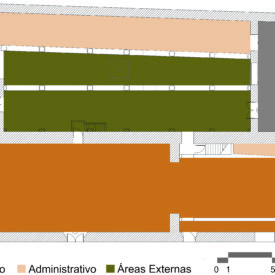 Desenho da planta baixa do andar térreo, com diferentes áreas destacadas por cores e categorizadas da seguinte forma: cor laranja, uso expositivo; cor bege, uso administrativo; e cor verde, representando as áreas externas. Abaixo há uma legenda e no canto inferior direito, uma escala gráfica.