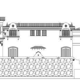 Desenho técnico da fachada do Museu, com destaque para o conjunto de edifícios, suas diferentes alturas e detalhes. Observa-se que a fachada apresenta estética bastante ornada, típica do estilo neocolonial. No lado direito do desenho, há uma inscrição que diz "MUSEU HISTÓRICO NACIONAL".