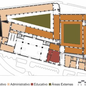 Desenho da planta baixa do andar térreo, com diferentes áreas destacadas por cores e categorizadas da seguinte forma: cor laranja, uso expositivo; cor bege, uso administrativo; cor vermelha para uso educativo e cor verde, representando as áreas externas. Na parte inferior da imagem, há uma legenda e, no canto inferior direito, uma escala gráfica.