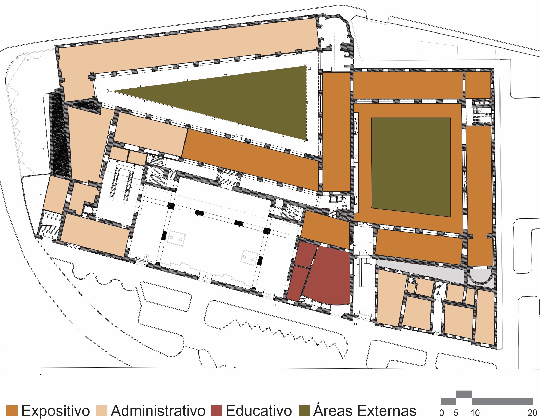 Desenho da planta baixa do andar térreo, com diferentes áreas destacadas por cores e categorizadas da seguinte forma: cor laranja, uso expositivo; cor bege, uso administrativo; cor vermelha para uso educativo e cor verde, representando as áreas externas. Na parte inferior da imagem, há uma legenda e, no canto inferior direito, uma escala gráfica.