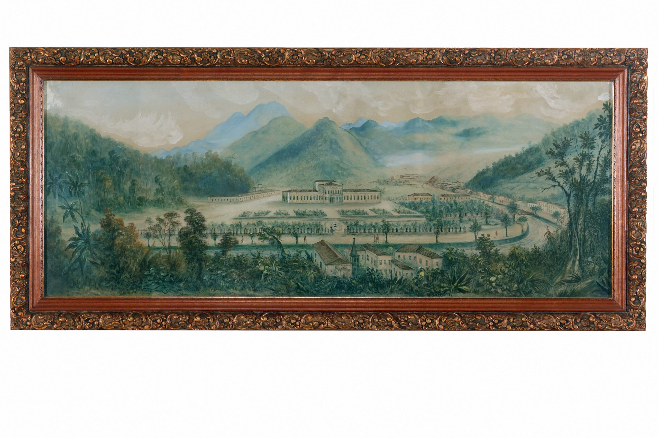 Pintura de paisagem histórica com o Museu Imperial em destaque. O museu, rodeado por vegetação e árvores, é emoldurado pelas montanhas que definem o horizonte ao fundo. Um jardim geométrico e simétrico, com caminhos claramente definidos, conduz à entrada principal, organizando o espaço de forma visual. Em primeiro plano, há construções menores, incluindo uma igreja com torre, que complementam o cenário urbano típico do período representado.