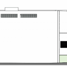 Desenho técnico da fachada principal do museu, com destaque para o uso de formas geométricas e linhas retas, em diferentes volumes. A fachada tem janelas retangulares distribuídas ao longo da estrutura. A entrada principal está localizada na parte inferior esquerda, com portas duplas pretas.