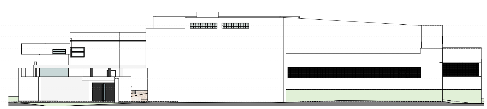 Desenho técnico da fachada principal do museu, com destaque para o uso de formas geométricas e linhas retas, em diferentes volumes. A fachada tem janelas retangulares distribuídas ao longo da estrutura. A entrada principal está localizada na parte inferior esquerda, com portas duplas pretas.