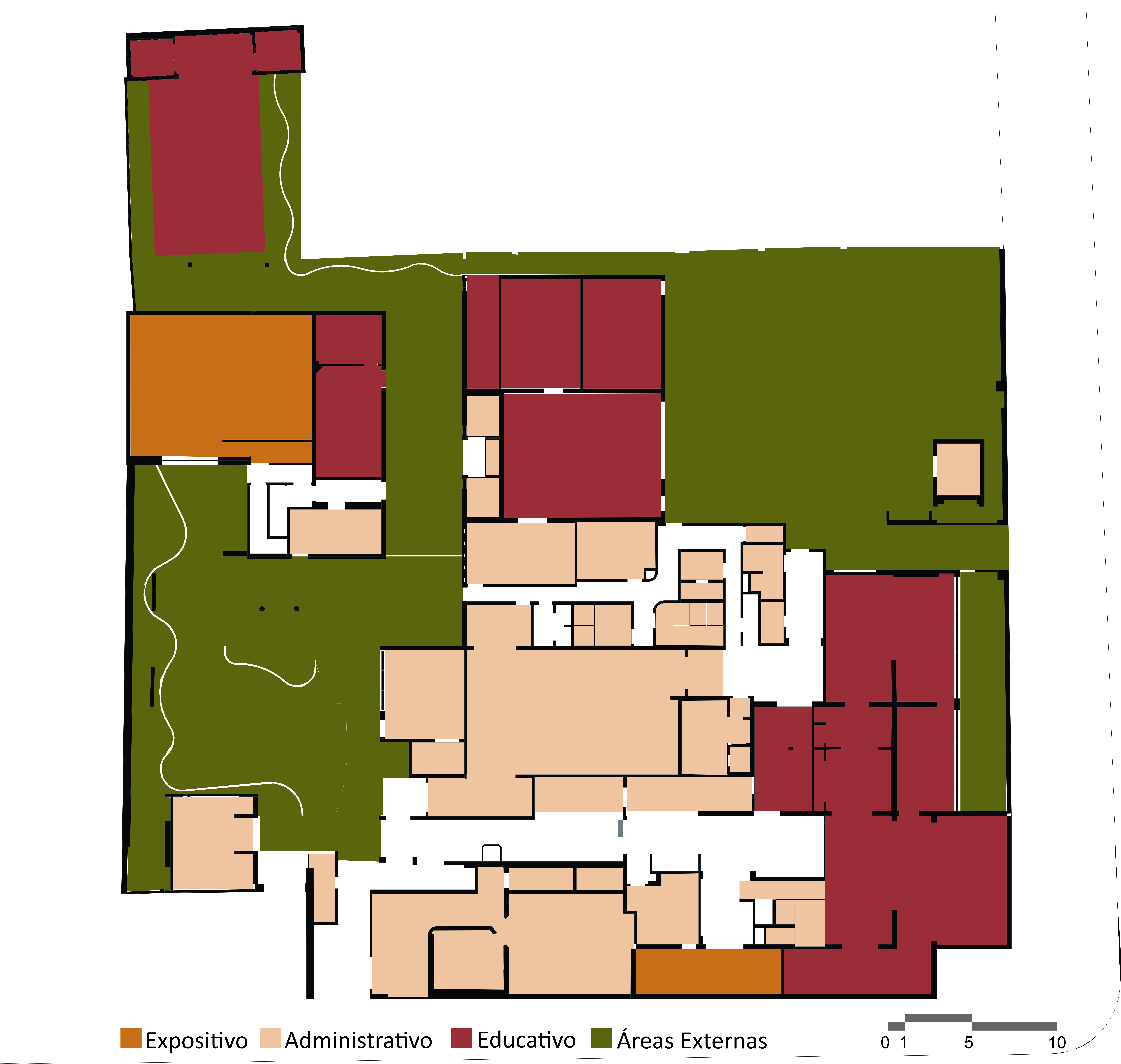 Desenho da planta baixa do andar térreo, com diferentes áreas destacadas por cores e categorizadas da seguinte forma: cor laranja, uso expositivo; cor bege, uso administrativo; cor vermelha, uso educativo e cor verde, indicando as áreas externas. Abaixo da imagem, há uma legenda e, no canto inferior direito, uma escala gráfica.