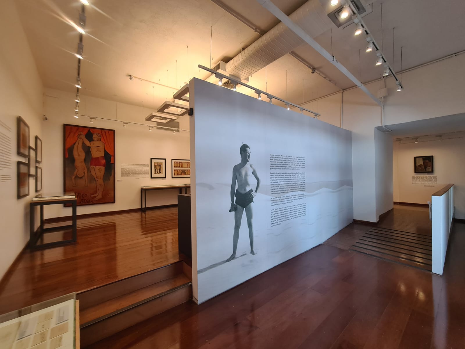 Fotografia de sala de exposição. A sala é ampla, dividida em dois ambientes com desníveis de piso. As paredes e o teto são claros, com trilhos distribuídos ao longo do espaço com luminárias destacando as obras. Um painel central expõe uma grande fotografia em preto e branco de um homem de pé, vestindo apenas calções. Ao lado da fotografia: um texto explicativo da imagem principal.