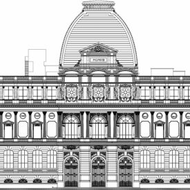 Desenho técnico detalhado da fachada do museu. O edifício é grande e ornamentado, com muitas janelas, esculturas e relevos, distribuído em três pavimentos, de configuração simétrica e entrada central. Três seções principais com cúpulas, sendo a seção central a mais alta e elaborada.