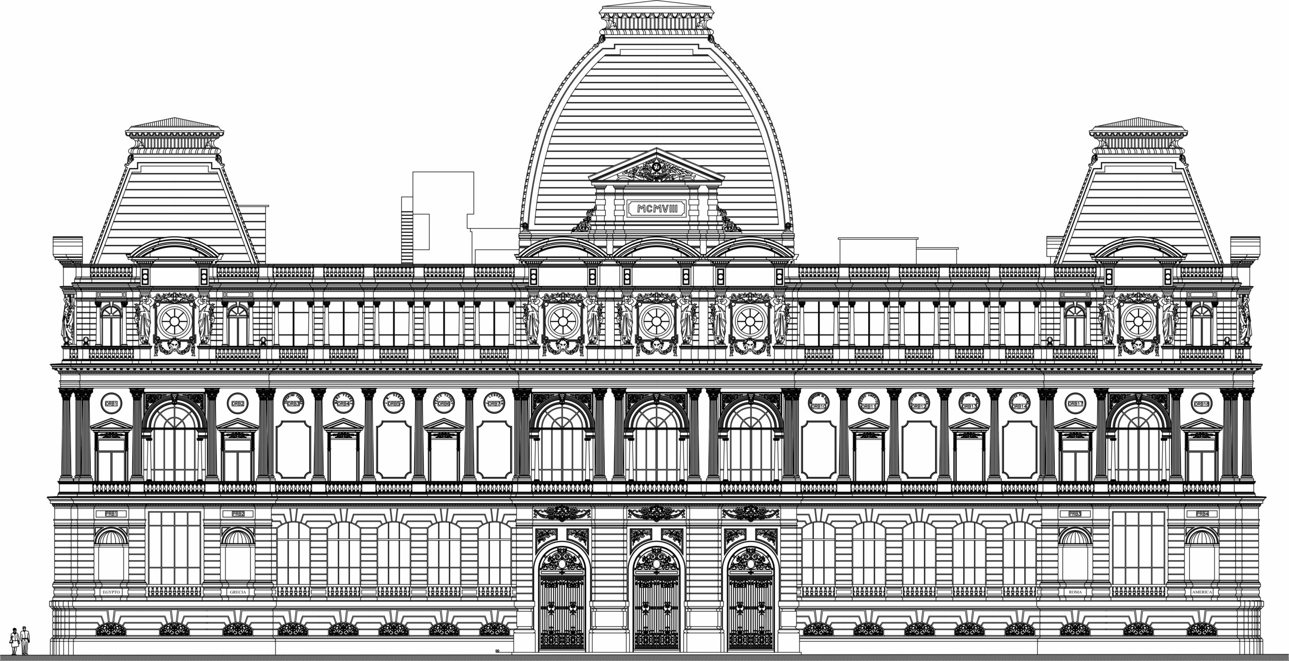 Desenho técnico detalhado da fachada do museu. O edifício é grande e ornamentado, com muitas janelas, esculturas e relevos, distribuído em três pavimentos, de configuração simétrica e entrada central. Três seções principais com cúpulas, sendo a seção central a mais alta e elaborada.