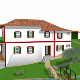 Maquete virtual do edifício do Museu, com jardim e árvores ao redor. Apresenta uma vista geral da edificação de dois andares com telhado de telhas cerâmicas e esquadrias pintadas de verde. A casa é branca com detalhes avermelhados na estrutura aparente. Há um terreno com gramado verde e vários tipos de árvores, e um pequeno riacho que corta o jardim. Há uma pequena cobertura em madeira ao lado da casa.