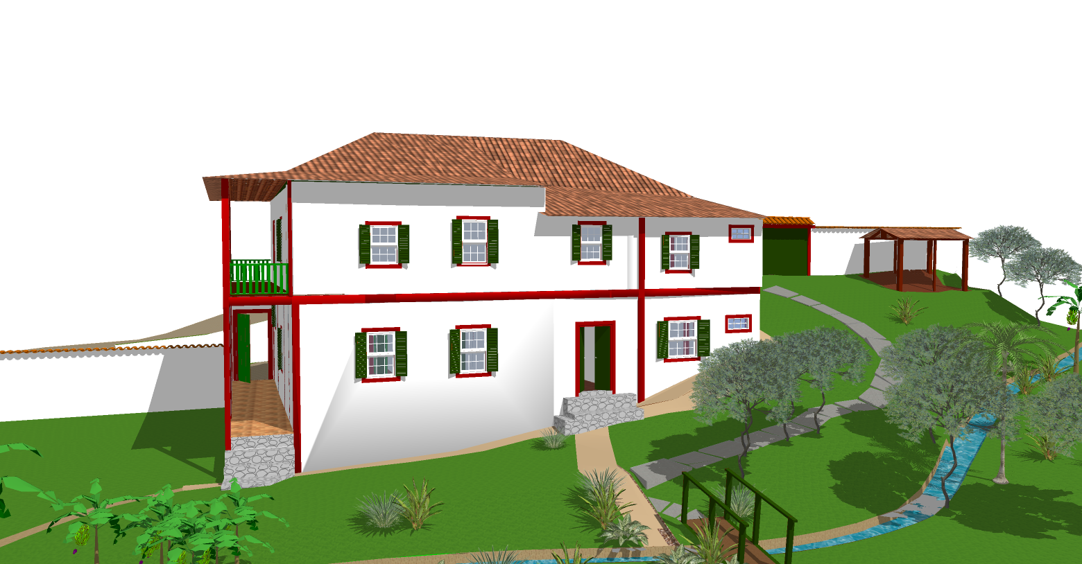 Maquete virtual do edifício do Museu, com jardim e árvores ao redor. Apresenta uma vista geral da edificação de dois andares com telhado de telhas cerâmicas e esquadrias pintadas de verde. A casa é branca com detalhes avermelhados na estrutura aparente. Há um terreno com gramado verde e vários tipos de árvores, e um pequeno riacho que corta o jardim. Há uma pequena cobertura em madeira ao lado da casa.