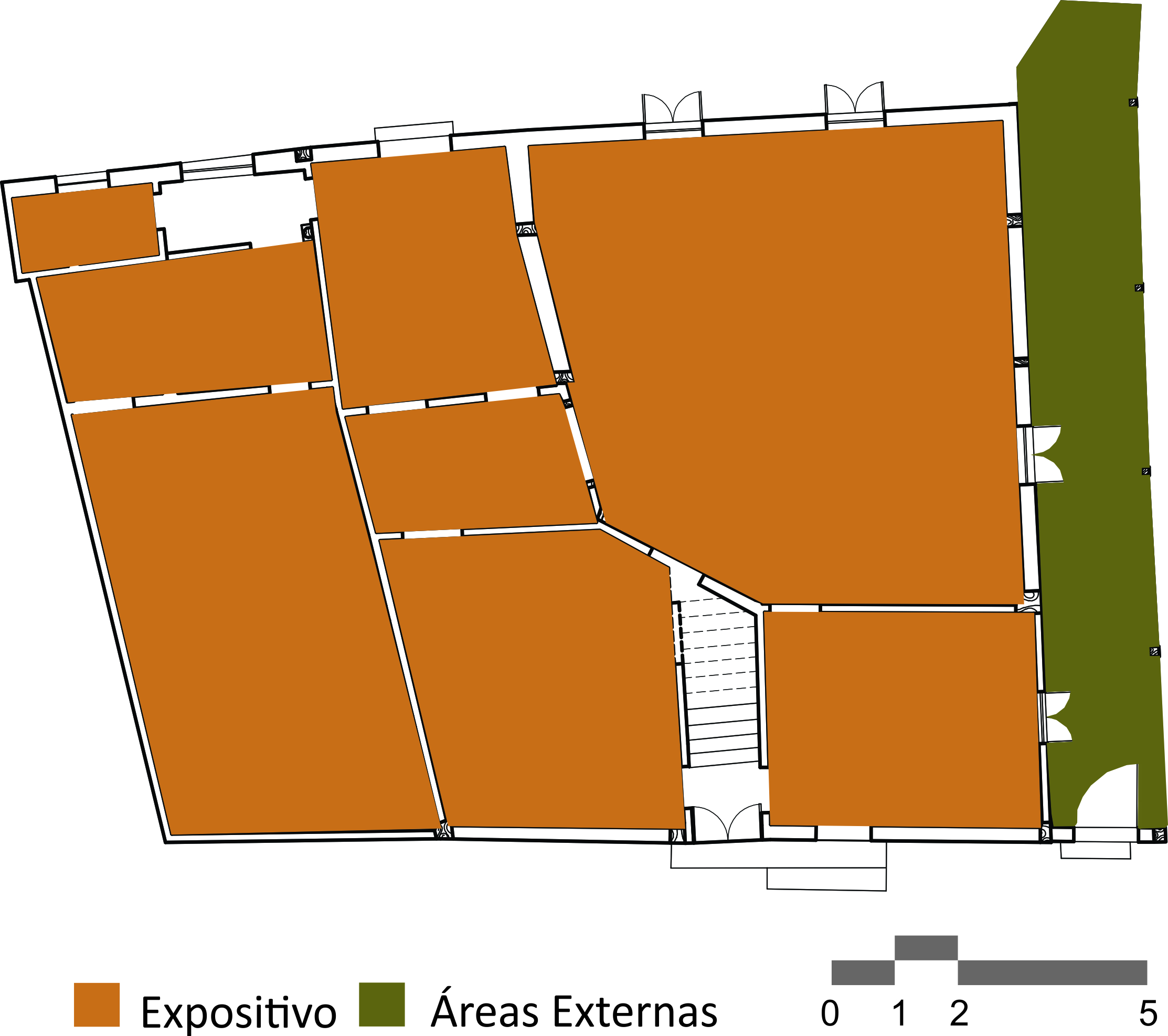 Desenho da planta baixa do andar térreo, com espaços preenchidos nas cores laranja, indicando oito espaços de uso expositivo, e na cor verde, demarcando as áreas externas. Abaixo da imagem, há uma legenda e, no canto inferior direito, uma escala gráfica.