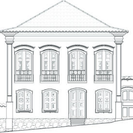 Desenho técnico da fachada do museu. Os principais elementos são as janelas e portas arqueadas, que se destacam na fachada. As aberturas são alinhadas no pavimento inferior e superior.