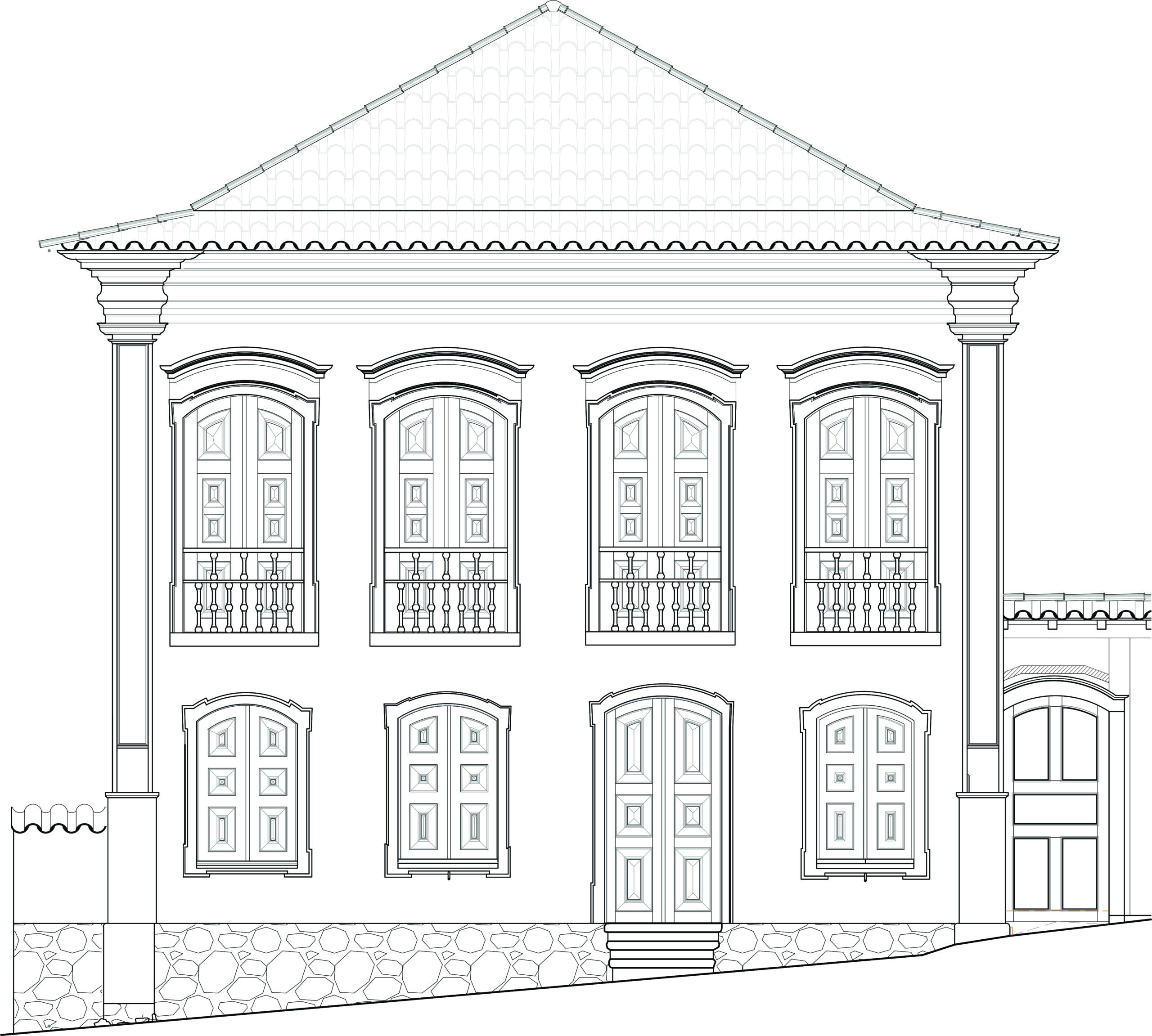 Desenho técnico da fachada do museu. Os principais elementos são as janelas e portas arqueadas, que se destacam na fachada. As aberturas são alinhadas no pavimento inferior e superior.