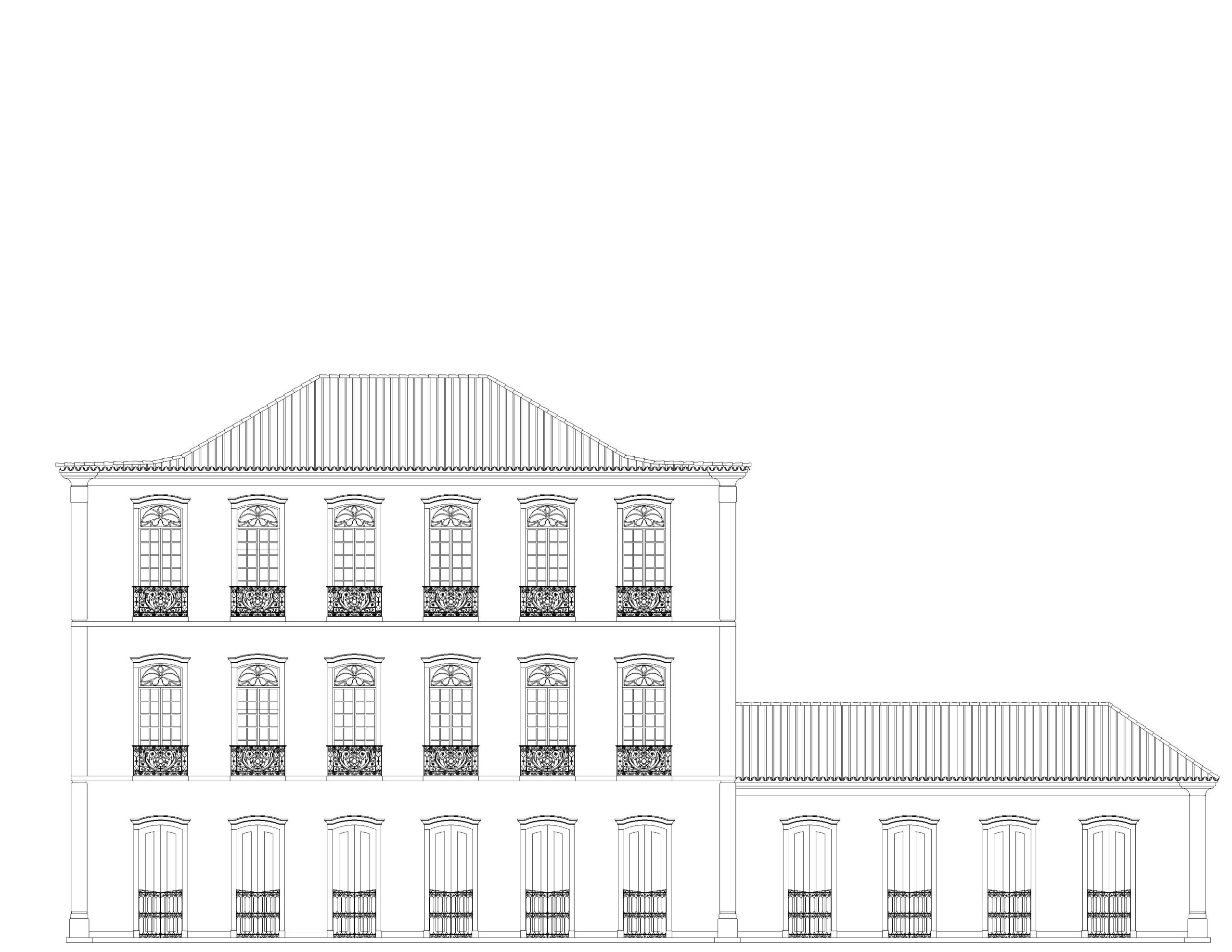 Desenho técnico da fachada frontal do museu. A edificação possui três pavimentos, e portas vedam as aberturas na fachada. As aberturas são simetricamente distribuídas, com a mesma configuração entre os andares, formando um desenho típico das edificações coloniais. À direita, nota-se um volume térreo, que também faz parte do Museu.